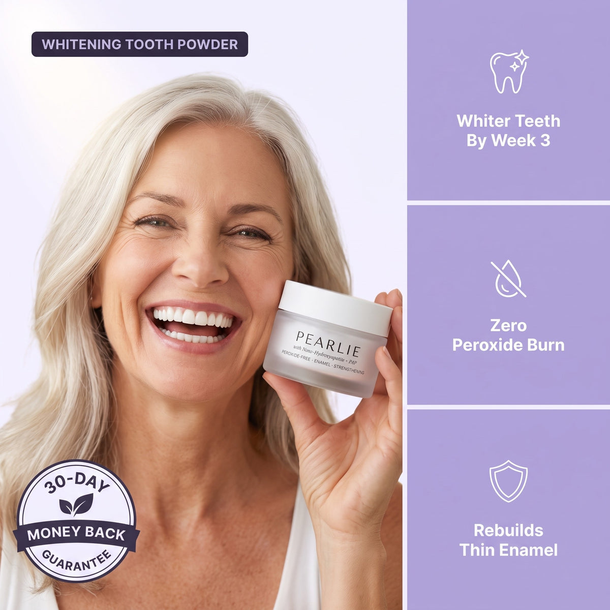 Pearlie Whitening Powder: whiter teeth by week 3, zero peroxide burn, rebuilds thin enamel, 30-day guarantee