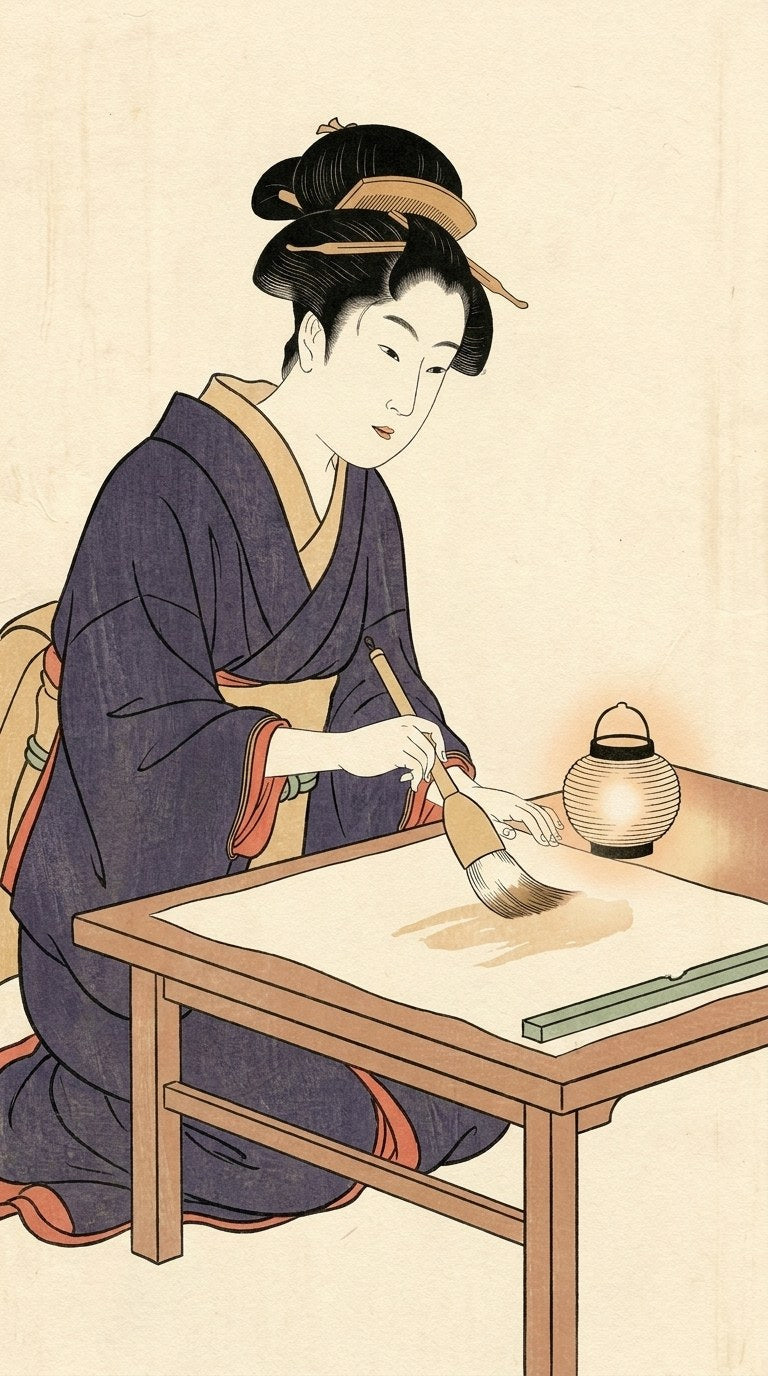 Ohana brushing rice bran on a sheet of paper, 1782