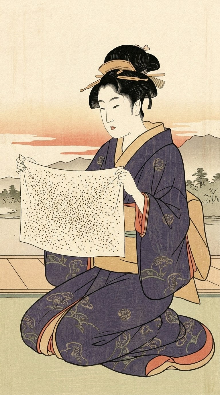 The paper lifted at dawn, covered with tiny specks