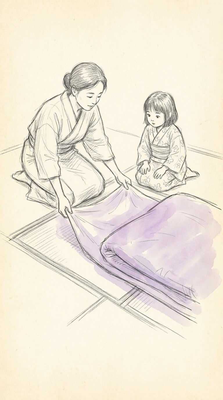 A Japanese mother sliding a trap sheet under a futon