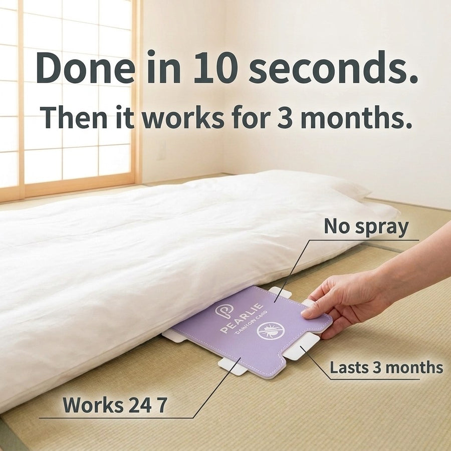 A card slid under a futon in a Japanese bedroom