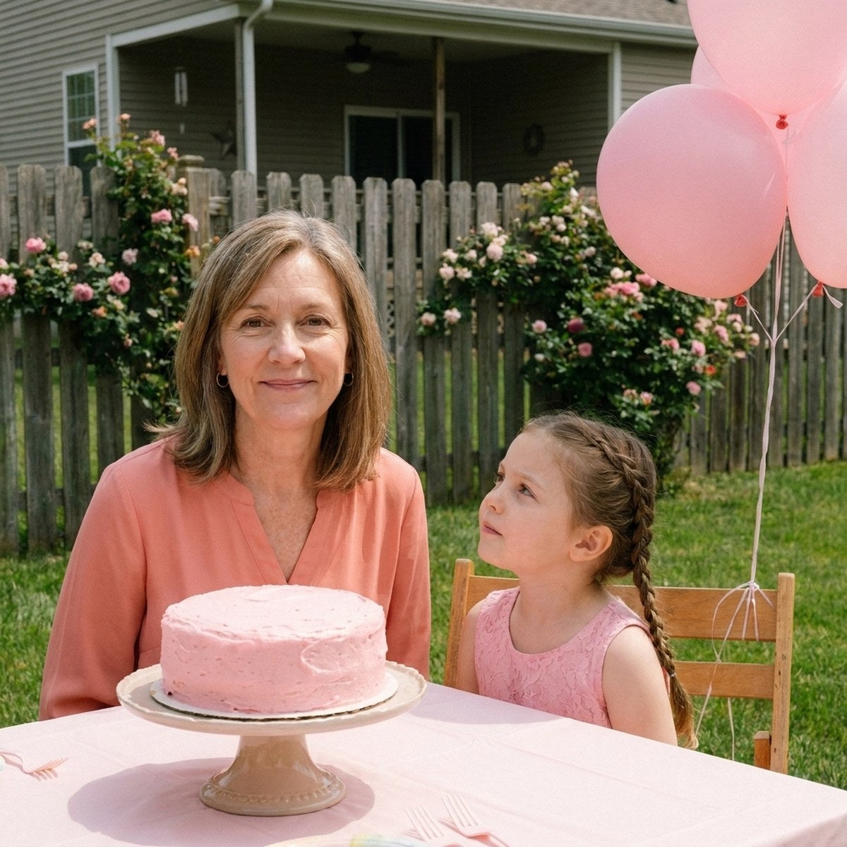 At her granddaughter's birthday, a woman of 58 smiles with her lips closed while the little girl looks up at her mouth