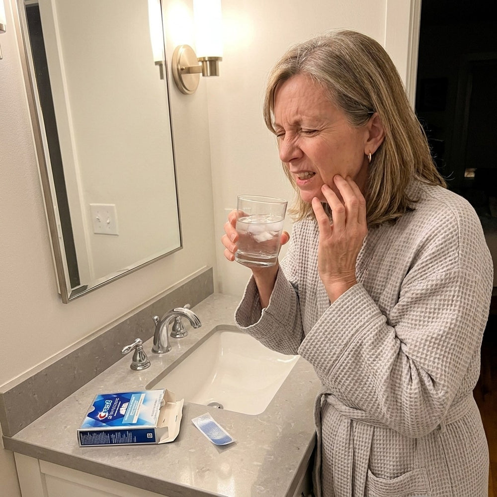 A woman of 58 wincing after a sip of ice water, an open box of whitening strips on the vanity