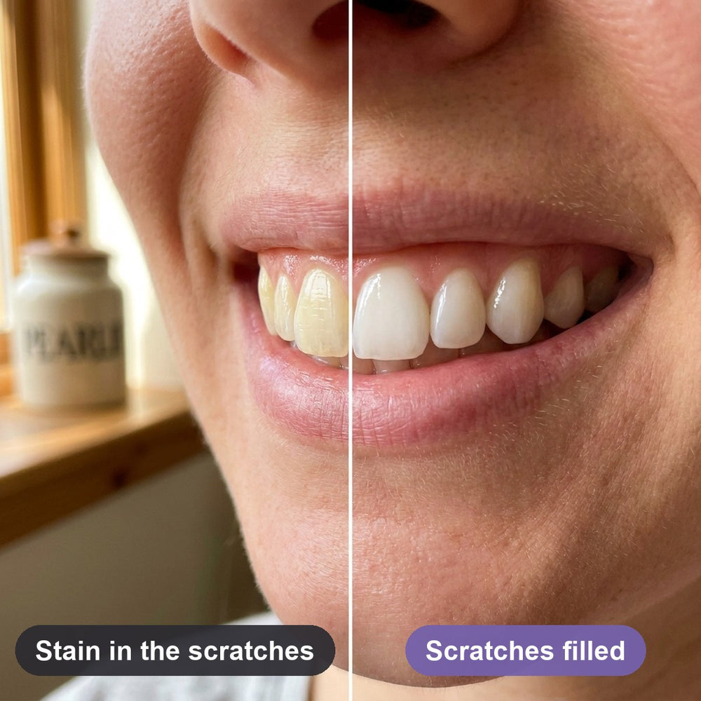 A smile split in two: stain sitting in scratched enamel on the left, scratches filled and bright on the right